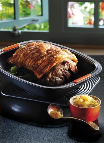 Slow-roasted Pork Shoulder with Crackling and Fresh Spiced Apple Sauce